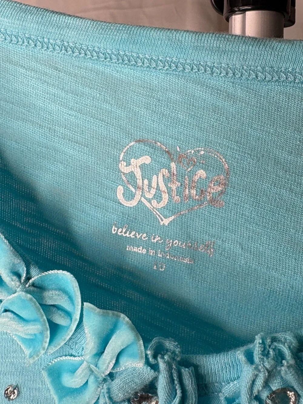 Vintage Justice Blue W/Bows/Flowers/Sequin Long Sleeve Shirt Size 10 Girl's EUC